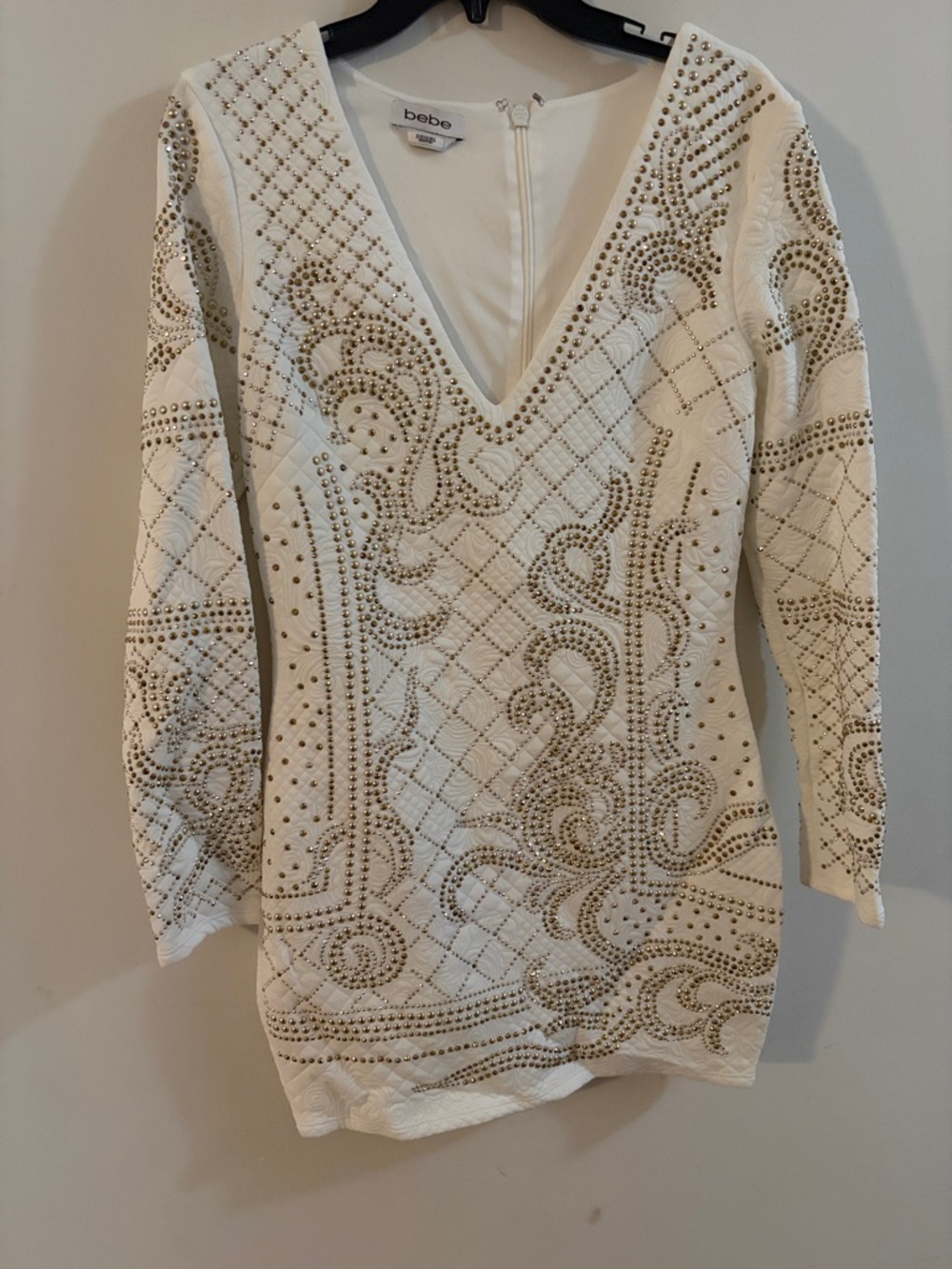 vintage bebe White Gold-Studded V-Neck Mini Dress